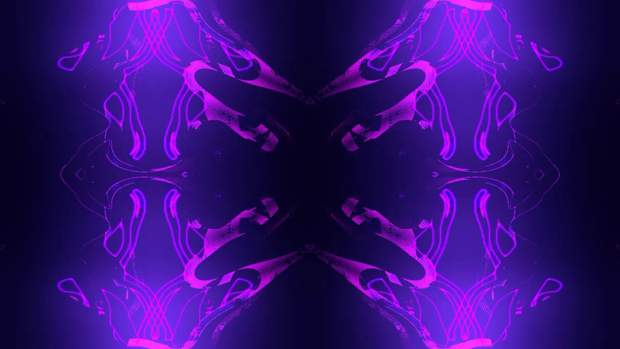 Generative audiovisuelle Visualisierung mit symmetrischen Neonformen in Violett und Pink, die auf Musik und Klang reagieren.