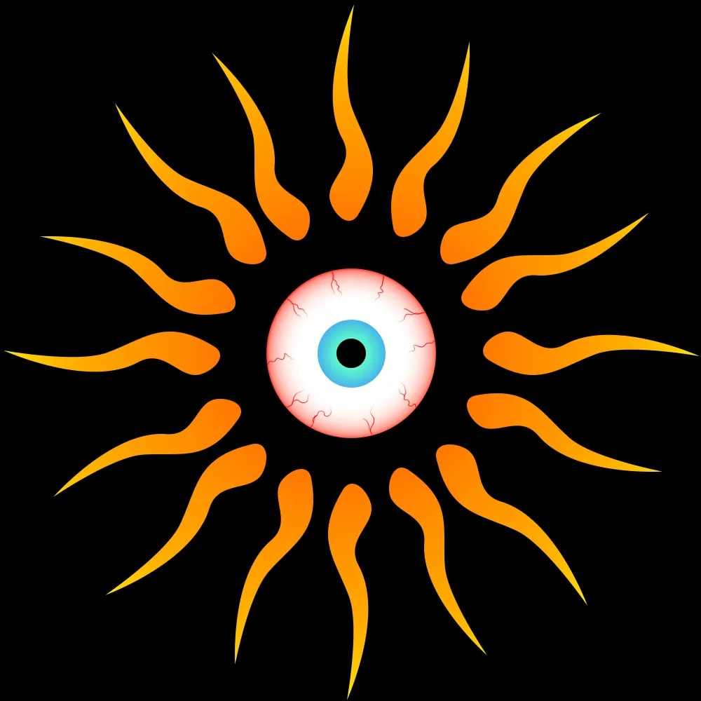 Illustration eines stilisierten Auges mit flammenförmigen Strahlen auf schwarzem Hintergrund als Ausgangsgrafik für die interaktive Installation „Burning Eye“.