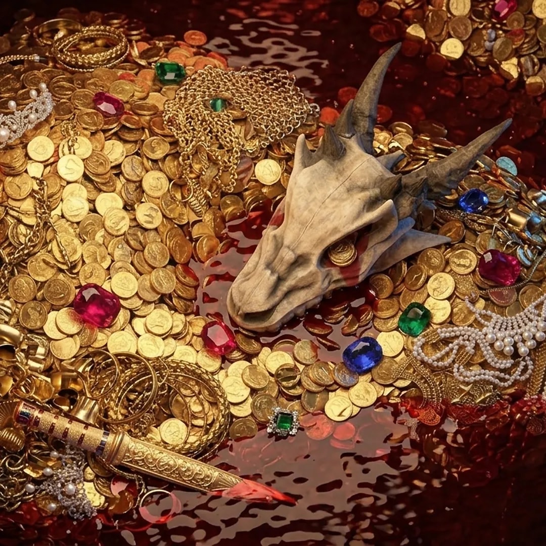 Illustration eines Drachenhorts mit Goldmünzen, Schmuck, Edelsteinen und einem Drachenschädel als Mittelpunkt der interaktiven Installation „Drachenschatz“.