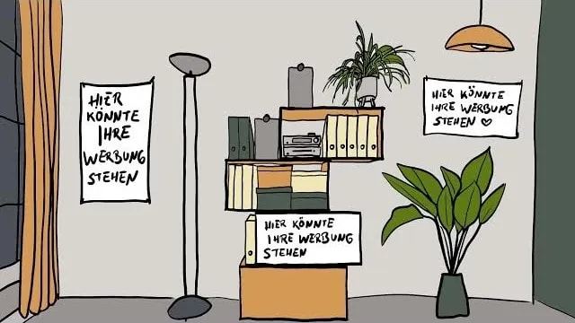 Gesamtansicht der interaktiven Installation „Minimonster“ mit einer handgezeichneten Büroumgebung, Werbeplakaten, Pflanzen, Regalen und versteckten kleinen Monstern, die Besucher zum Entdecken einladen.
